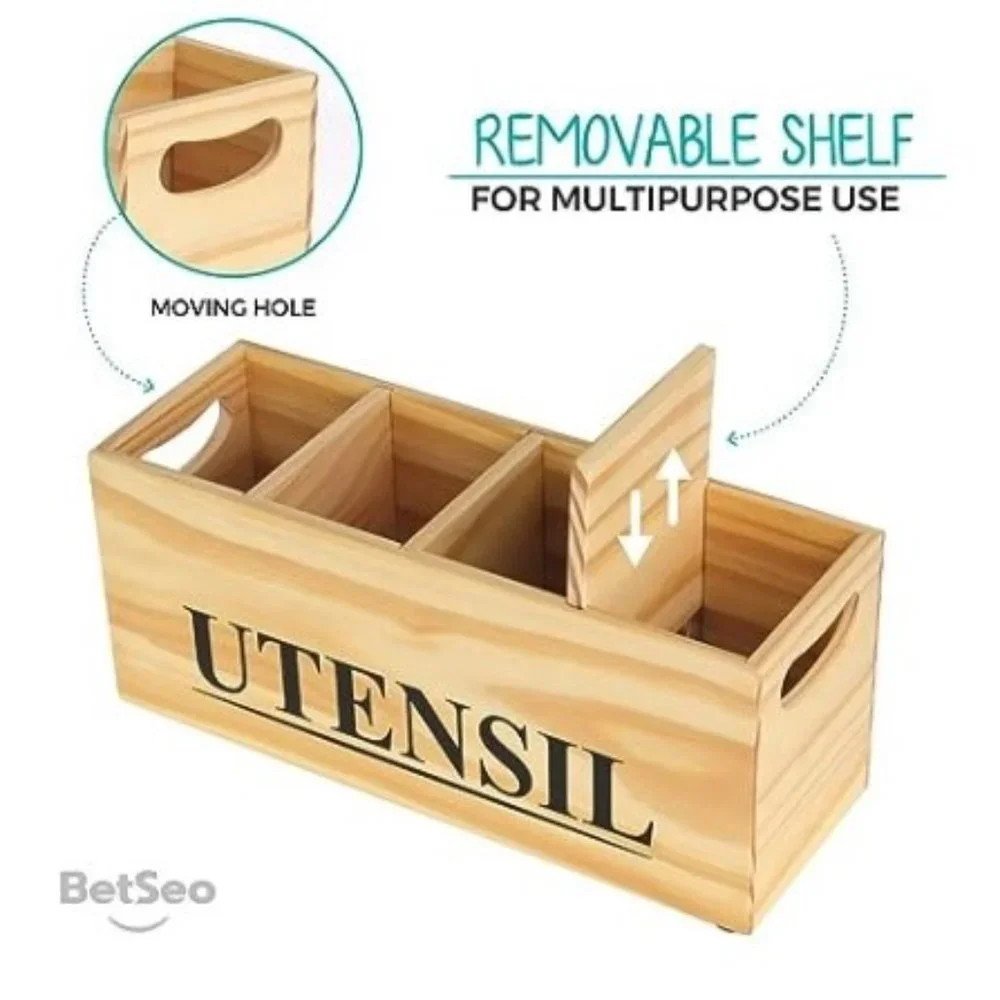 XL - Pine Wood Kitchen Cooking Utensil Holder - 4 Removable Compartments